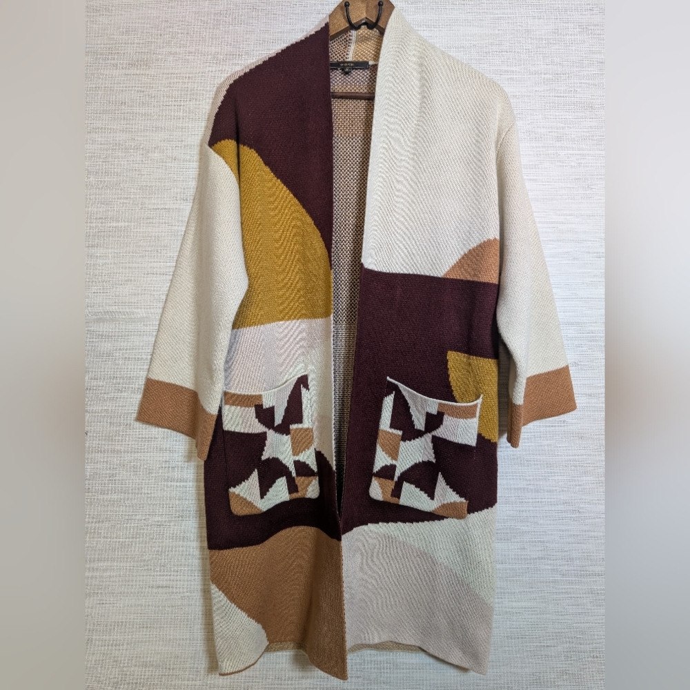 Maxsport Geometric Abstract Multicolor Patterned Open Long Cardigan Sweater M